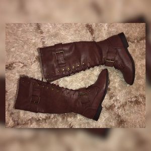 Burgundy Lace Up Knee High Boots